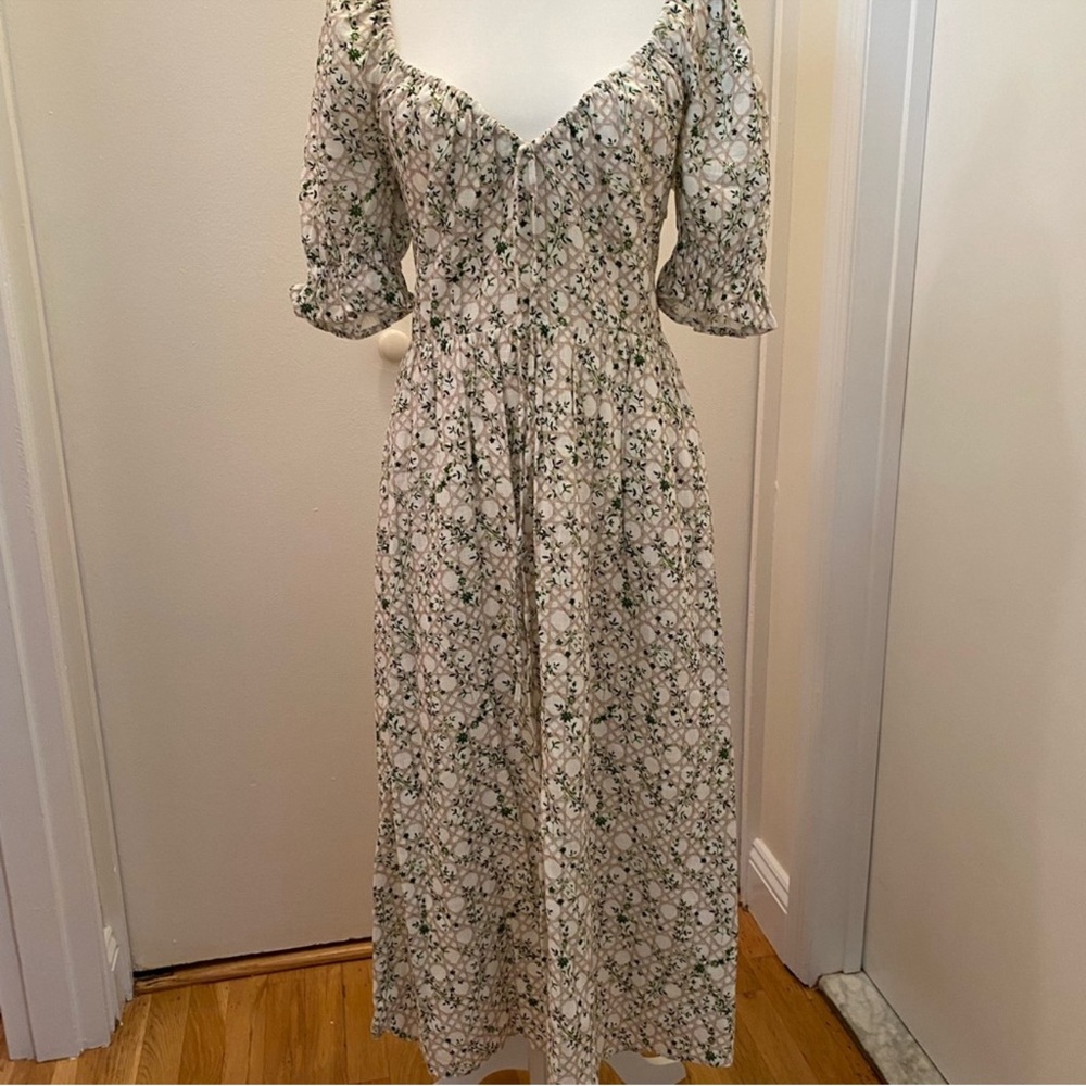 Hill House Cream Midi Dress with Green Floral Print